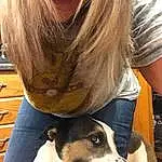 Clothing, Jeans, Dog, Carnivore, Fawn, T-shirt, Companion dog, Whiskers, Dog breed, Chair, Drawer, Eyewear, Furry friends, Selfie, Human Leg, Puppy love, Chest Of Drawers, Canidae, Paw