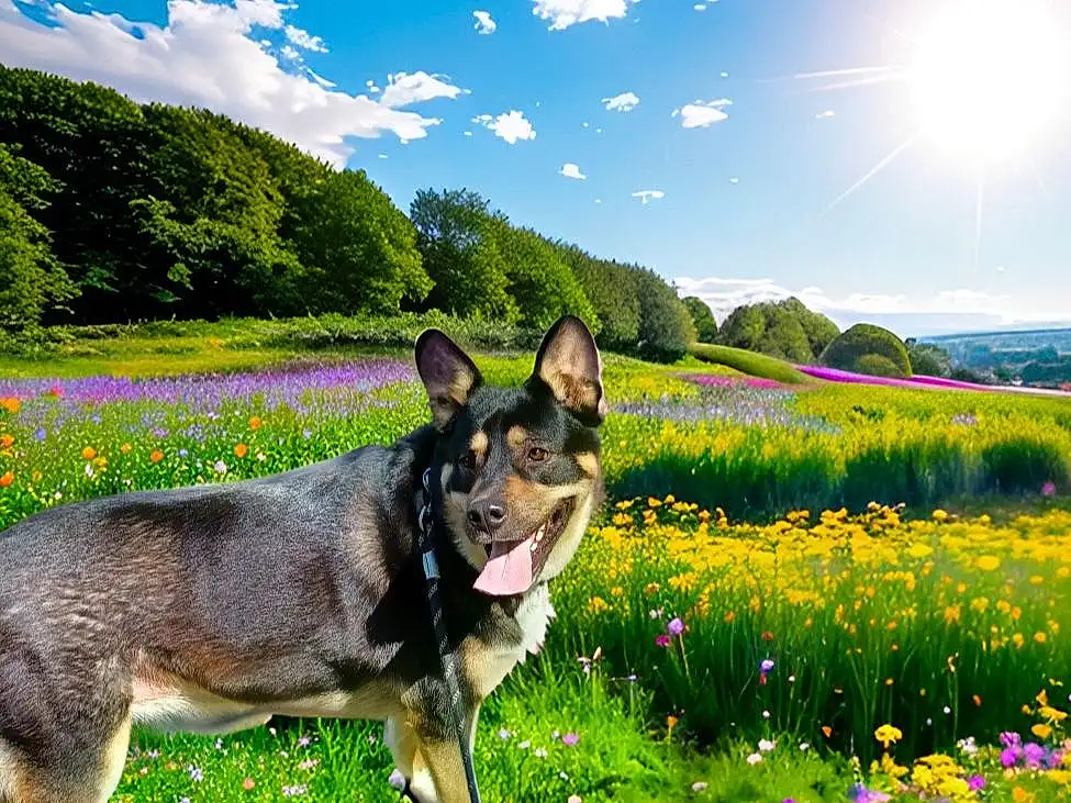 Flower, Plant, Sky, Dog, Green, Cloud, Nature, People In Nature, Carnivore, Grass, Natural Landscape, Grassland, Fawn, Dog breed, Landscape, Petal, Summer, Meadow, Tree