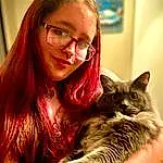 Glasses, Cat, Facial Expression, Smile, Felidae, Vision Care, Carnivore, Ear, Small To Medium-sized Cats, Iris, Whiskers, Fawn, Eyewear, Happy, Furry friends, Picture Frame, Eyelash, Brown Hair, Domestic Short-haired Cat, Lap