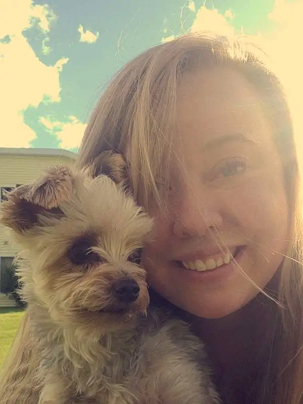 Nose, Smile, Dog, Eyes, Sky, Dog breed, Carnivore, Happy, Cloud, Iris, Companion dog, Toy Dog, Snout, People In Nature, Fun, Surfer Hair, Small Terrier, Travel, Selfie, Furry friends